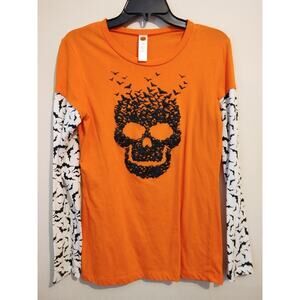 Halloween Sugar Skull Bats Long Sleeve Tshirt Orange Juniors 11/13